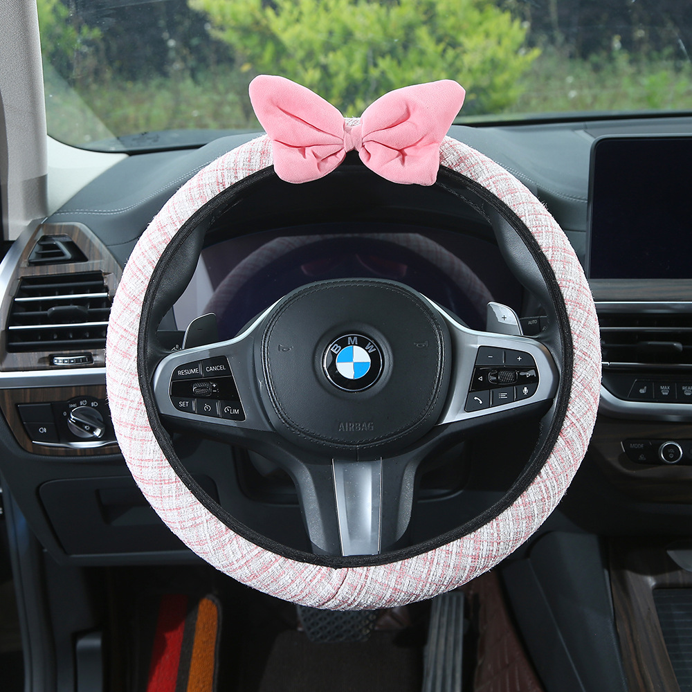 Chanel-style red bow car steering wheel cover, textured and non-slip, suitable for all seasons, women's car interior accessory set