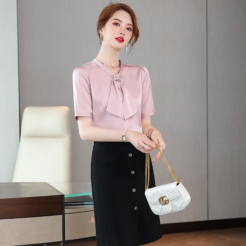 Green summer fashionable elegant professional shirt with bow