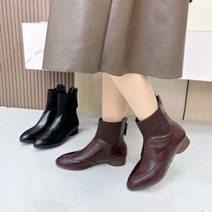 气质拼接针织中跟软皮瘦瘦靴2025秋冬新款复古粗跟后拉链马丁靴女