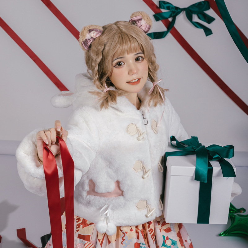 Abrigo Peluche Lolita con Capucha de Piel de Conejo para Otoño e Invierno image 4