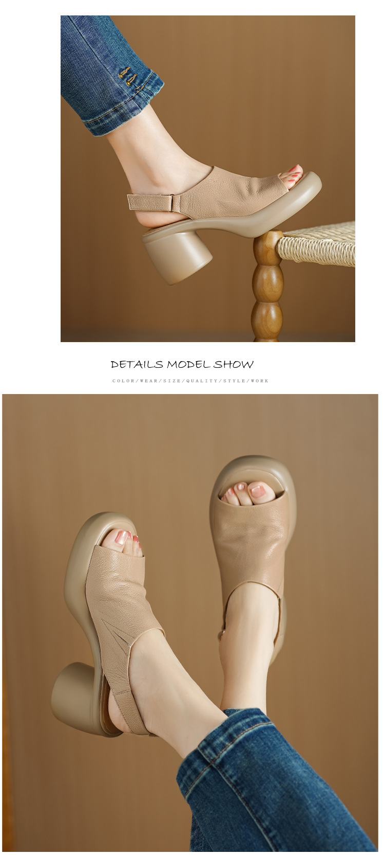 Sandal nữ cao gót mũi hở da cừu quai một từ khóa — màu trắng ngà chi tiết 7