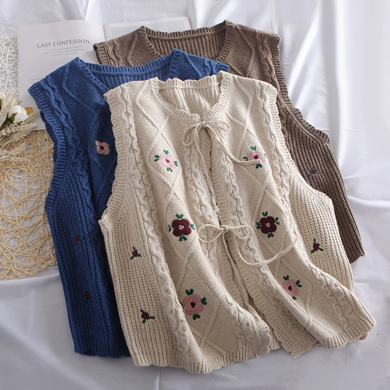 Осенний лесной стиль 2022, вязаный жилет с литературной вышивкой, свободный и универсальный кардиган без рукавов с круглым вырезом и шнуровкой, жилет, свитер