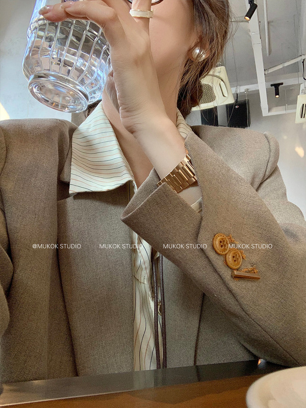 MUKOK 柏林春叶~感廓形西装外套女春季新款复古宽松休闲西服|undefined