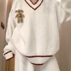 韩版V领半边绒小熊睡衣女冬季2025新款加厚毛绒家居服套装秋冬款