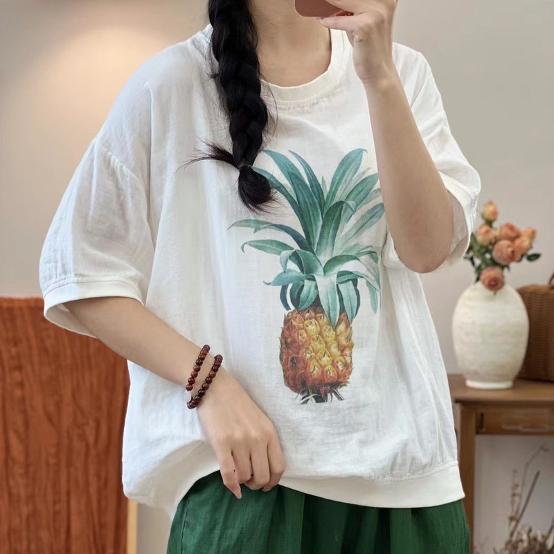 二重綿糸夏の新型レトロなプリントのゆるい丸首二重綿糸が痩せている半袖tシャツの上着の女性|undefined