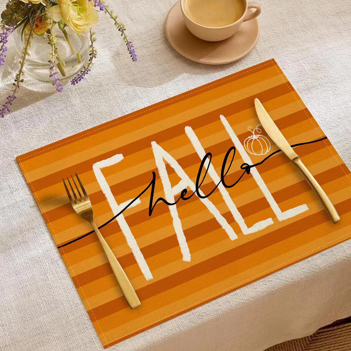 Transfronterizo temu explosión Día de Acción de Gracias otoño calabaza lino estampado conjunto lino estampado mesa de restaurante