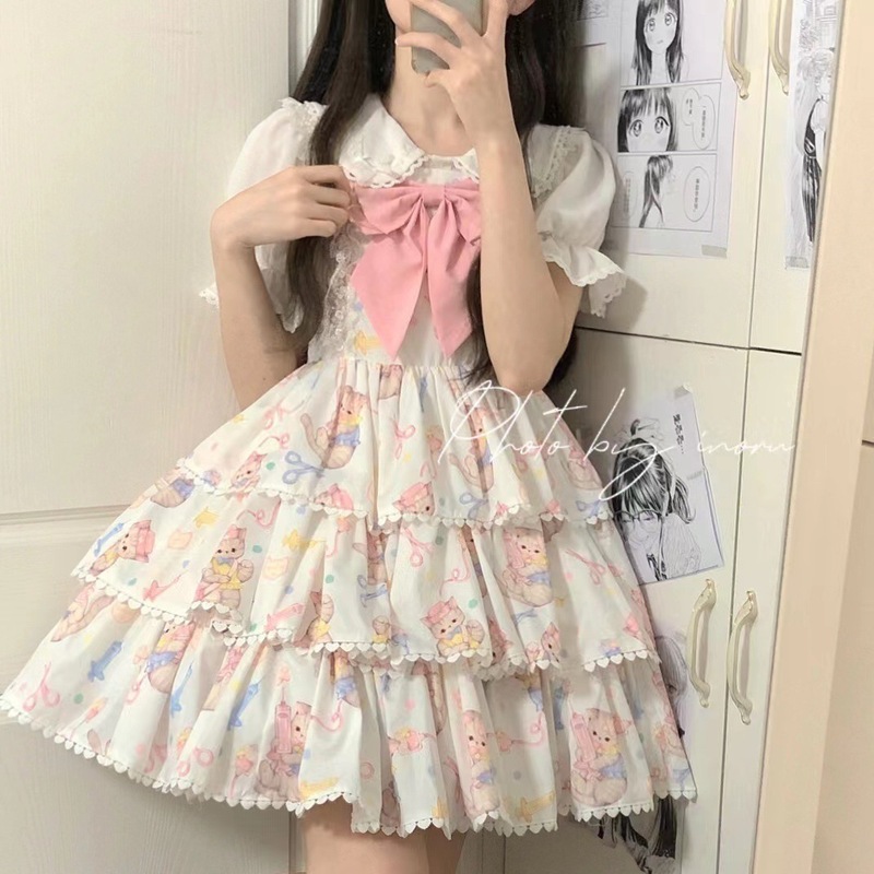 女子学生向けサマースーツ ベビードールカラーシャツ+かわいいリボン白メッシュサスペンダースカート 2点セット/単品|undefined