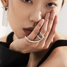 几何镂空双指戒指女复古时尚重工异形S925银指环个性嘻哈食指戒潮