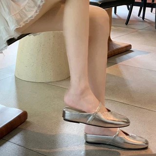 羊皮版~银色后空包头半拖鞋女夏外穿穆勒鞋单鞋内增高玛丽珍凉鞋