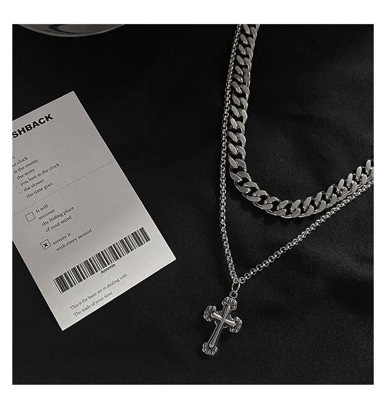 New Hot INS Dark Wind Cross Pendant Hip Hop Personality Double Layer Design Titanium Steel Necklace Men's Chain Sweater_voghion.com