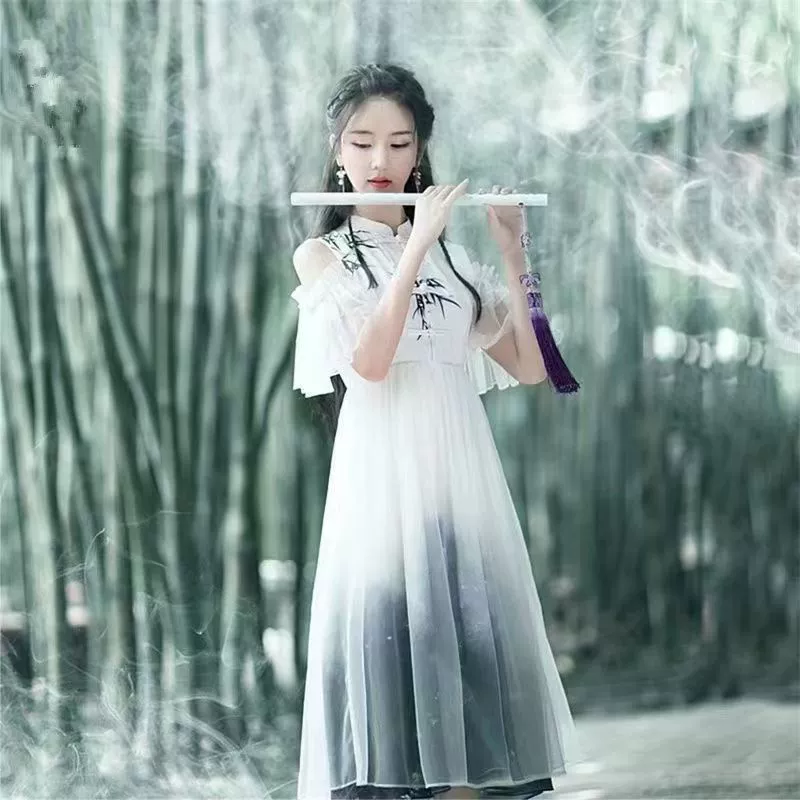 Платье средней длины, облегающий крой, новый китайский стиль, художественный национальный стиль, воротник-стойка, платье на пуговицах, пышные рукава, повседневная одежда в стиле ретро.