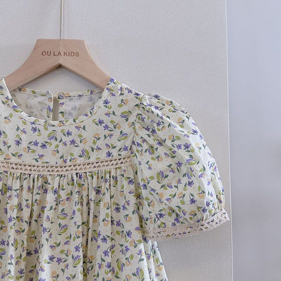 Girls' Summer Short-sleeved Floral Dress 2024 New Style Mid-length Dress Korean Style Trendy Mid-length Dress