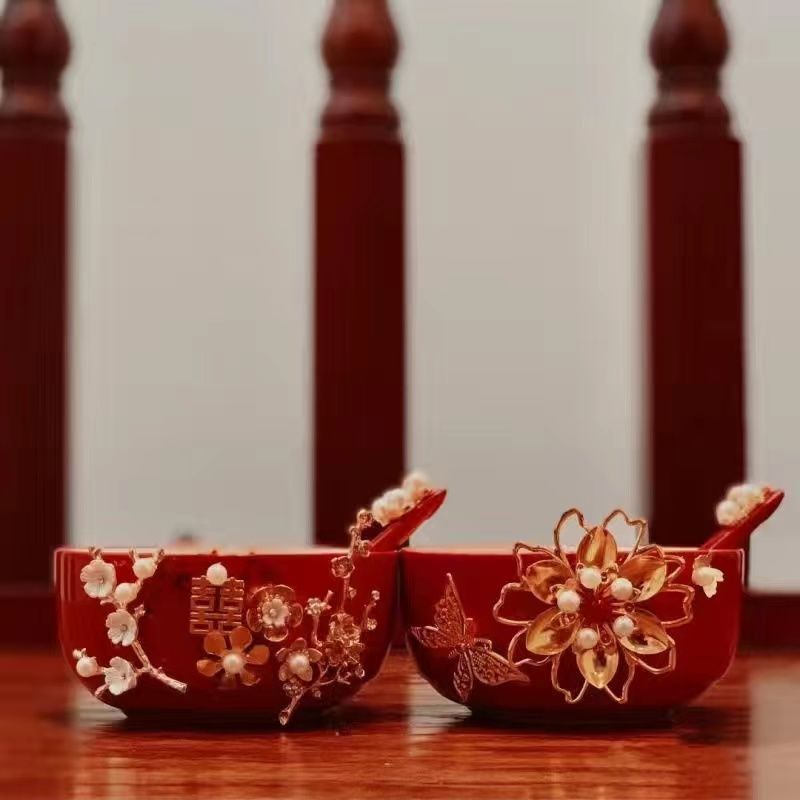 喜结连理敬茶杯婚庆用品陪嫁对杯diy手作装饰陶瓷盖婚庆用品大全|undefined