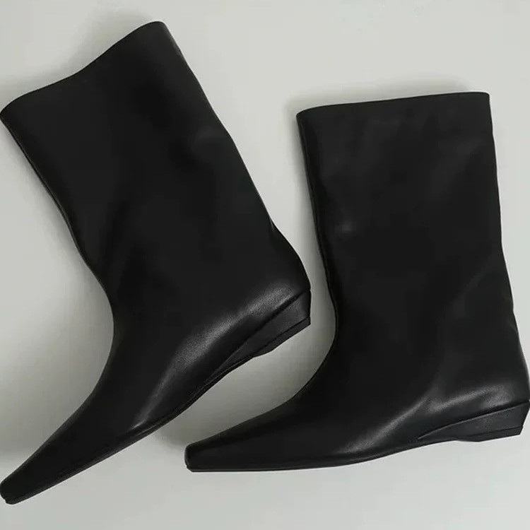 牛皮版~极简风小方头坡跟瘦瘦靴中筒靴女2025新款百搭宽松筒短靴