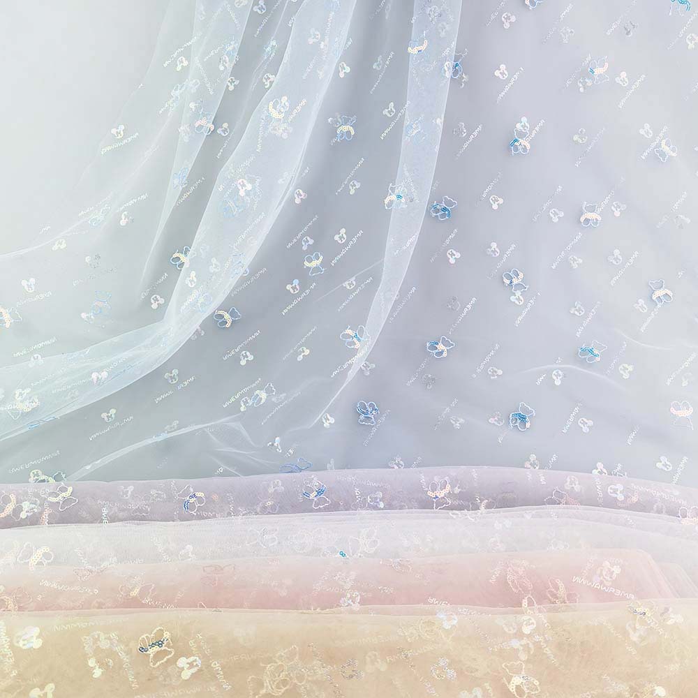 卡通可爱小熊绣花绣片网纱布料裙纱童装面料 新款现货