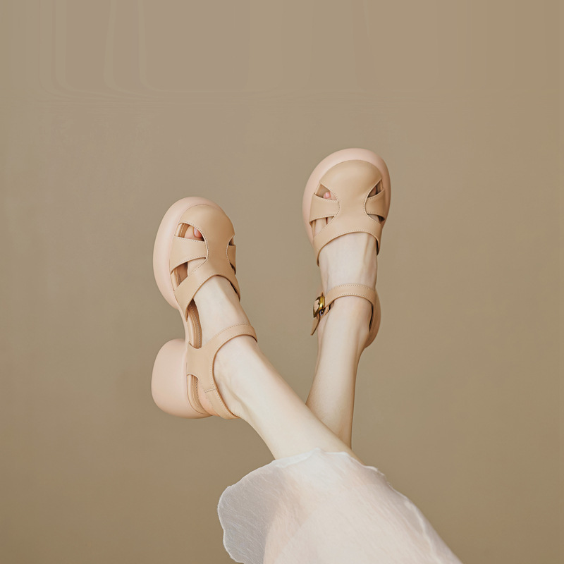 Sandal gót thô da cừu bít mũi phong cách La Mã đế dày quai ngang hở gót — Màu vàng ngỗng