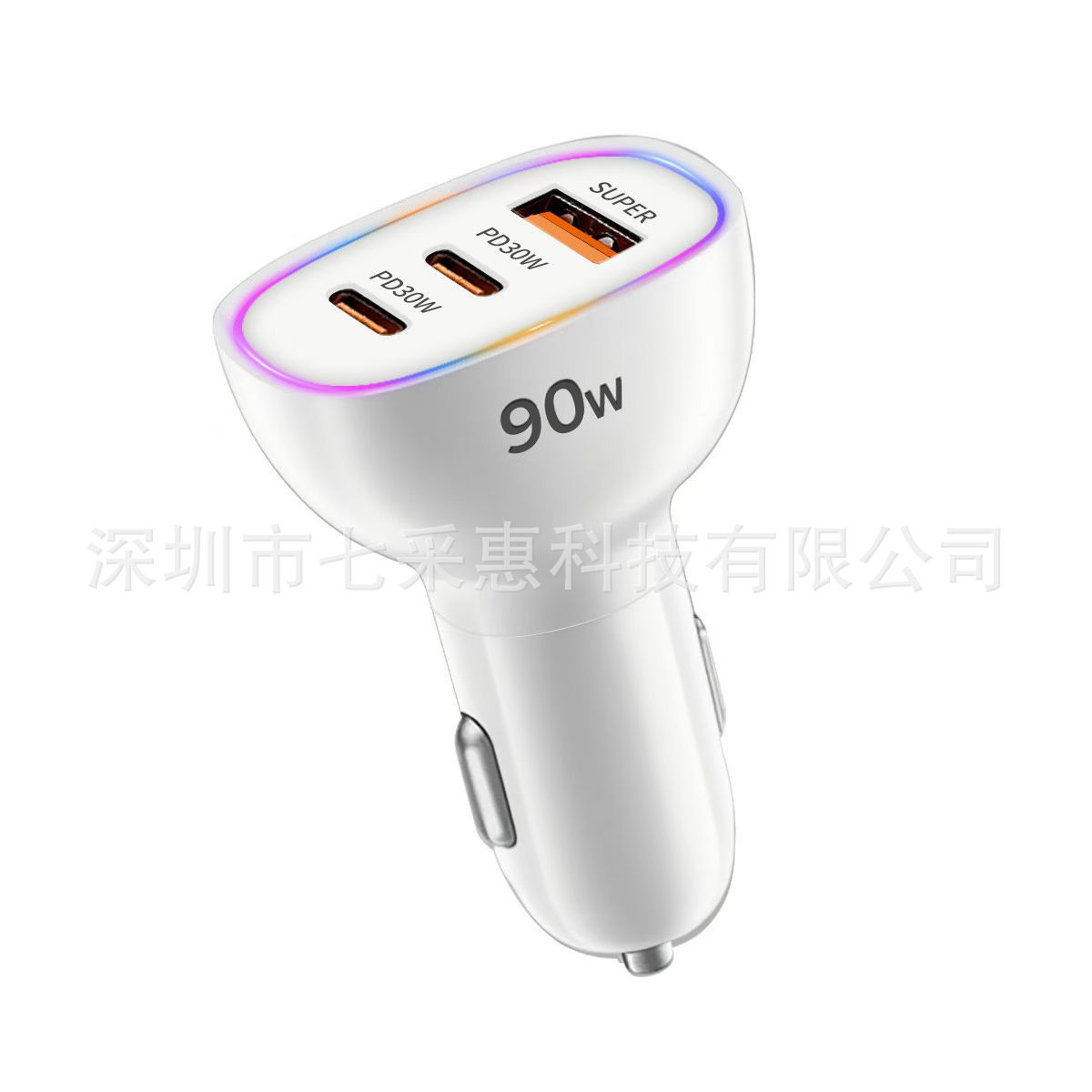 New 90W Car Charger with One to Three a Ports + Cc Port Flash Charging Multi-Port Three-Line Super Fast Charging with Extremely Fast Colorful Atmosphere Light