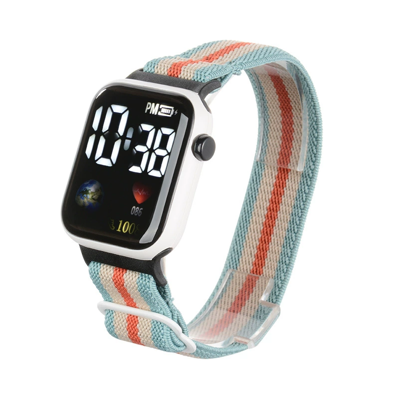 C2 Earth Rainbow Elastic Weaving Student Sports LED Electronic Watch Display Time Large screen button
