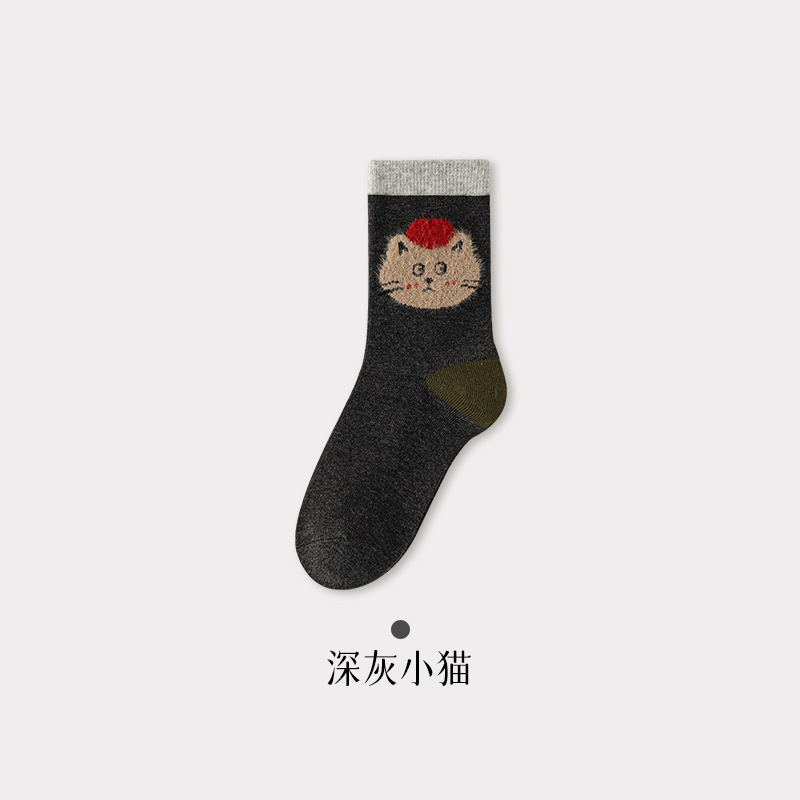 卡爱卡通袜子女秋冬无骨植绒日系中厚款韩版学生袜子中筒甜美猫咪|undefined