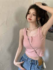 2023 new summer style sweet and spicy outer wear short U-neck racer top pink camisole women's inner layer