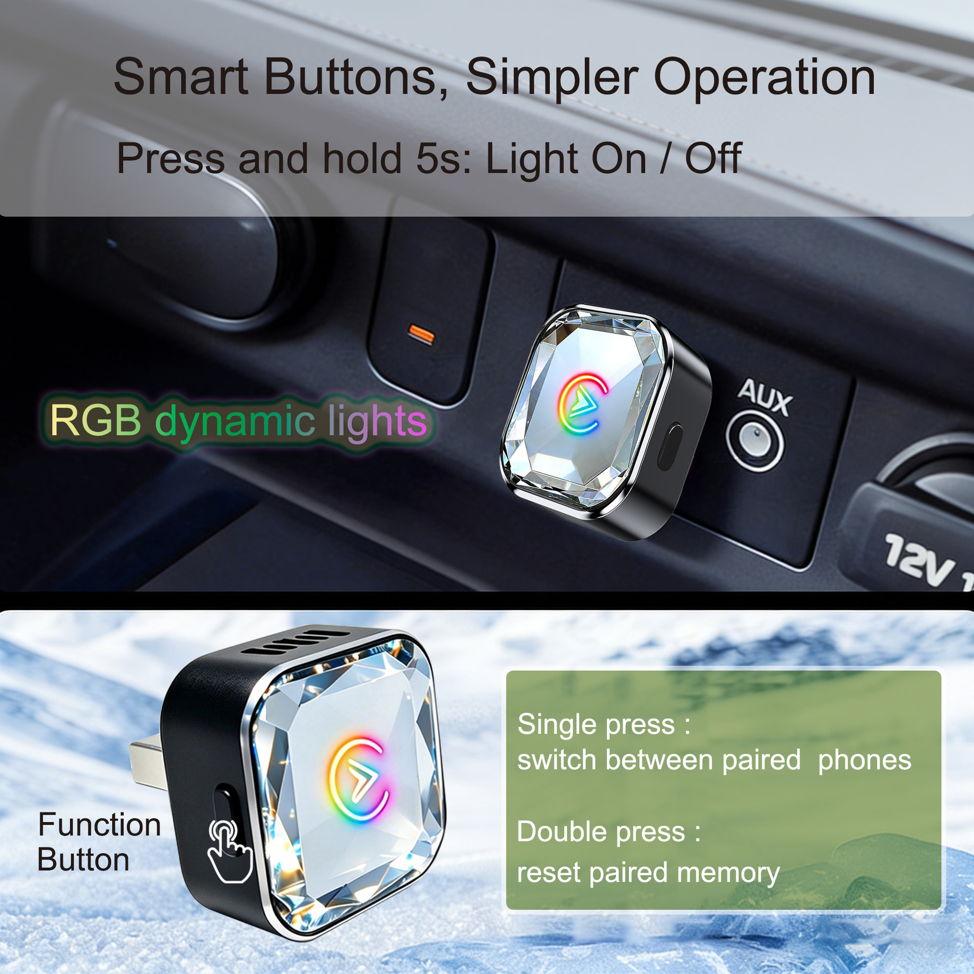 Cross-Border Popular Car-Mounted Wireless Carplay Adapter Android Auto 2-in-1 Wired to Wireless Adapter
