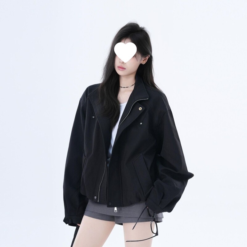 立领美式复古潮牌工装夹克上衣女秋冬季宽松设计感小众廊形外套女|undefined