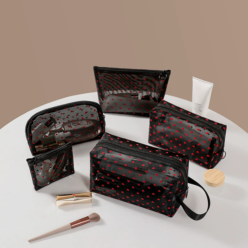 Cosmetic Bag, large-capacity transparent mesh nylon travel makeup pouch — portable lipstick & brush organizer