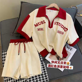运动时尚套装女2022年夏装新款polo领学院风休闲短裤撞色两件套女