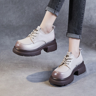 2024 New thick-soled brown leather shoes women's spring and autumn versatile lace-up loafers British style height increasing shoes