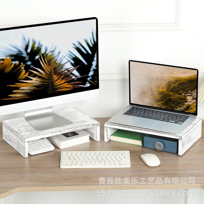 Solid Wood Display Bracket Retro White Vertical Tube Laptop Computer Bracket Vertical Tube Display Desktop Storage Rack