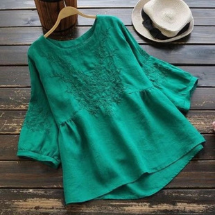 Strict Apparel New Artistic Retro Ethnic Style Embroidered Crewneck T-shirt Women's Summer Loose Artistic Short-sleeved Top for Women