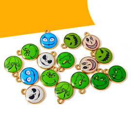 跨境绿毛怪格林奇圆形表情包diy合金饰品配件项链钥匙扣耳环吊坠