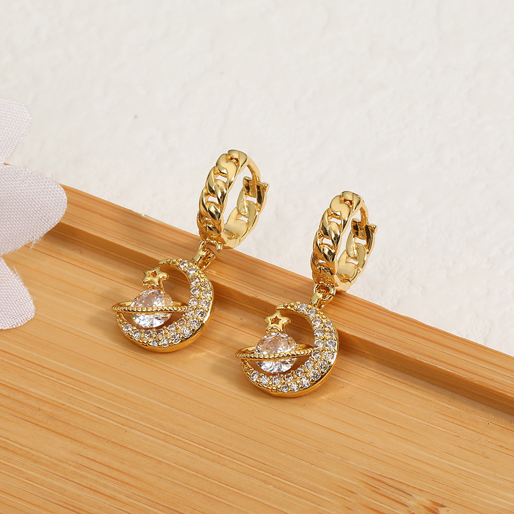 Shiny Moon Planet Copper Gold Plated Zircon Drop Earrings 1 Pair