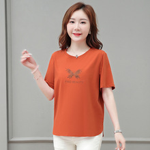 跨境批发大码女装中年妈妈纯棉T恤女短袖宽松圆领打底衫一件代发