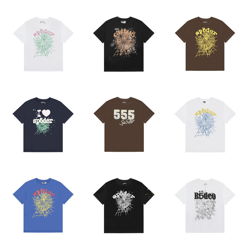 25S Cross-border European and American Fashion Brand Spider Web 555 Letter Printed Short-sleeved T-shirt for Men and Women American High Street Half-sleeved