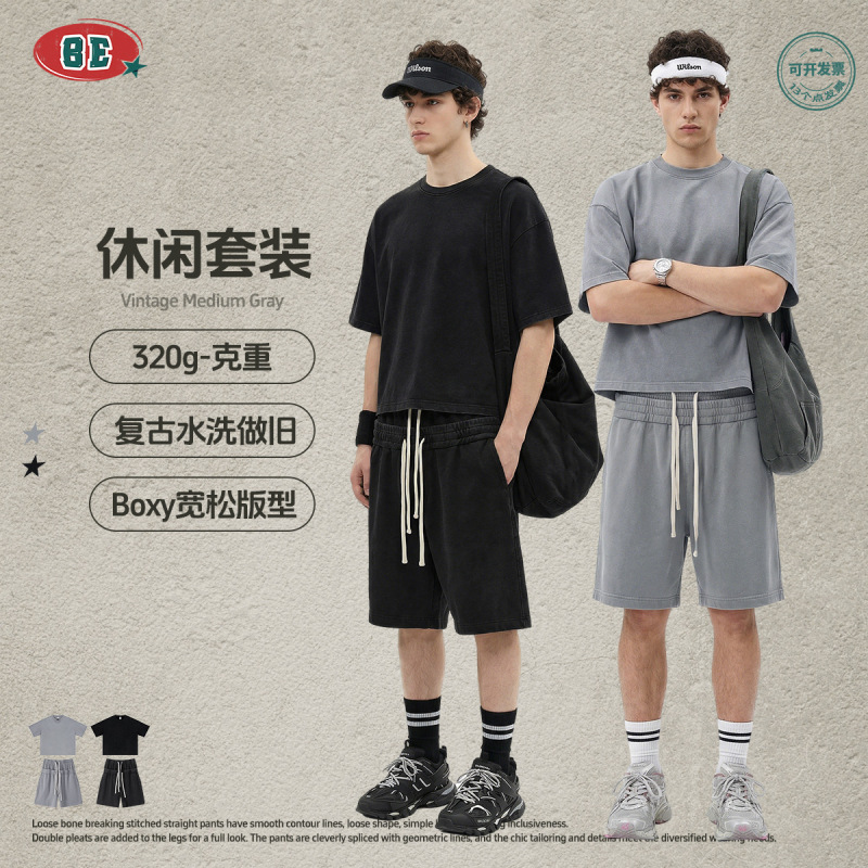Be Men's Clothing | American Retro Washed Short-Sleeved T-Shirt Shorts Five-Quarter Pants Boxy Two-Piece Set Distressed Casual Suit for Men Be Men's Clothing | American Retro Washed Short-Sleeved T-Shirt Shorts Five-Quarter Pants Boxy Two-Piece Set Distressed Casual Suit for Men