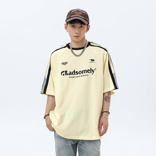 American casual patchwork drawstring letter print short sleeve T-shirt for men summer pure cotton loose half sleeve couple T-shirt q