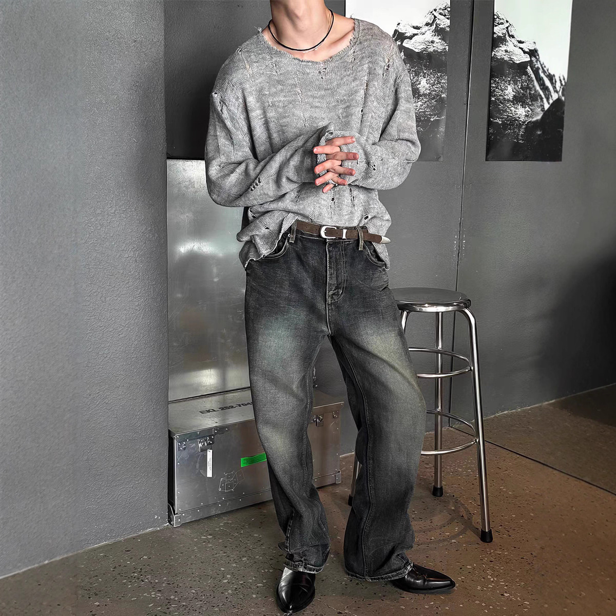 Men's Clothing Men's Distressed Knit Sweater With Lace Trim & Oversized Neck – Trendy Long Sleeve Pullover For Streetwear & Layering_voghion.com