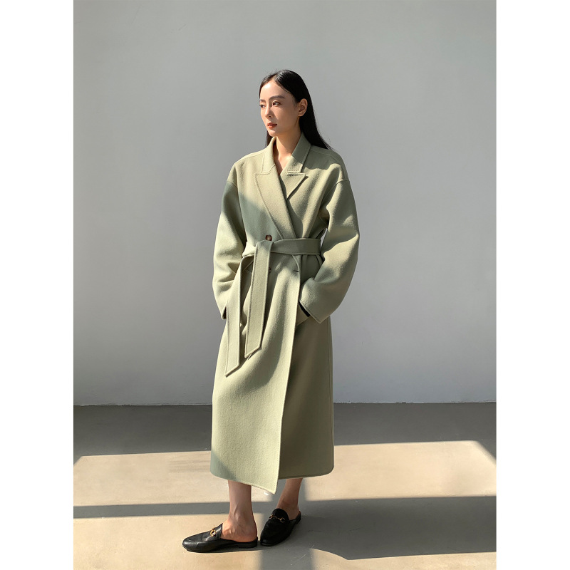 周淼ZHOUMIAO荃澳毛双面呢大衣女秋冬双排扣宽松过膝廓形毛呢外套|undefined