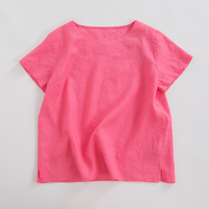 23006 Thin Linen Round Neck Short Sleeve T-Shirt