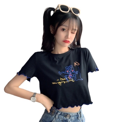 Doodle Short Sleeve T-Shirt for Women 2025 Summer New Slimming Short Length High-Waist Wavy Edge Hot Girl Revealing Top Trendy