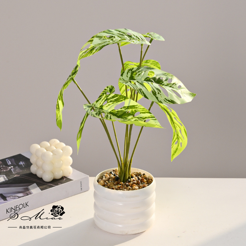 Línea blanca de hoja larga, planta verde, simulación, planta en maceta, flor artificial, decoración de flores creativas, planta verde artificial, bonsai de simulación image 3