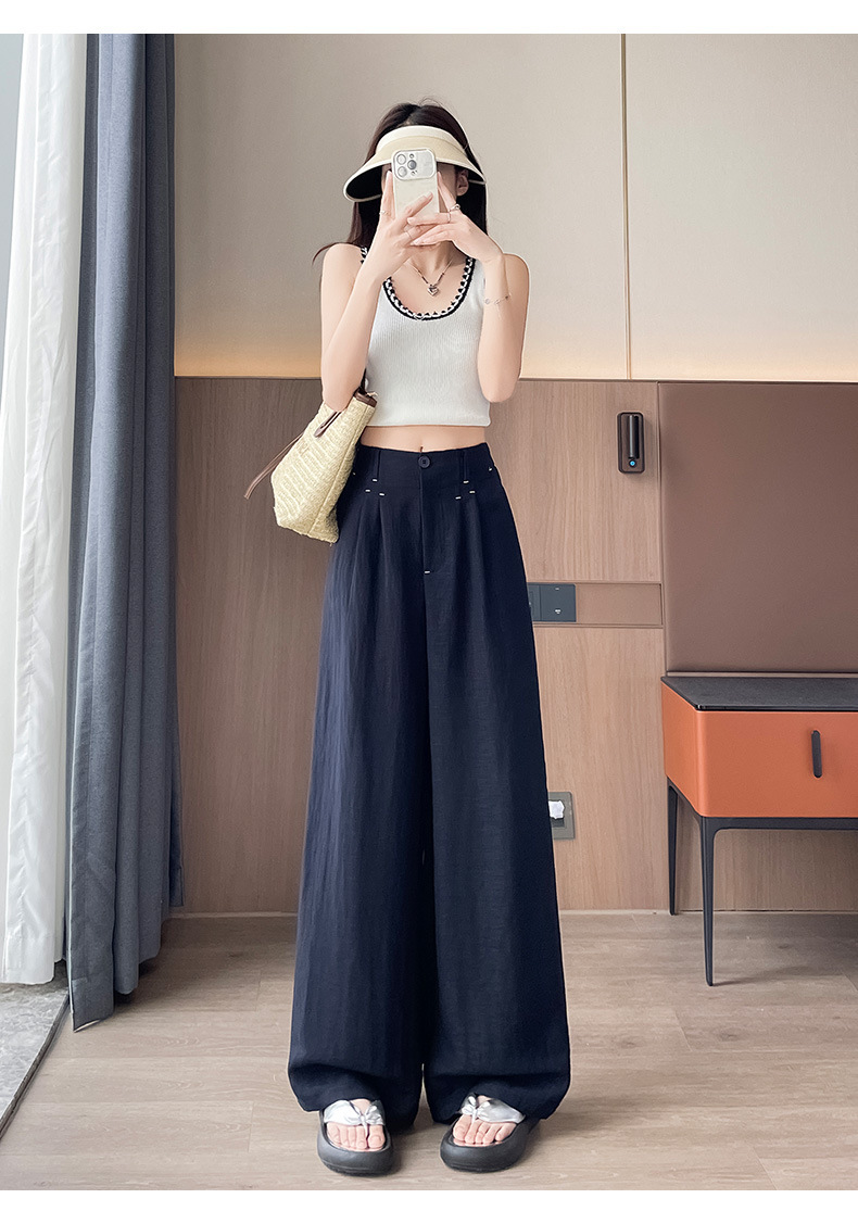 Quần ống rộng vải lụa băng đa năng nữ, phong cách sang trọng mỏng nhẹ mùa hè, quần ống đứng vải lanh Tencel — Màu xanh hải quân (kiểu thông thường) chi tiết 50