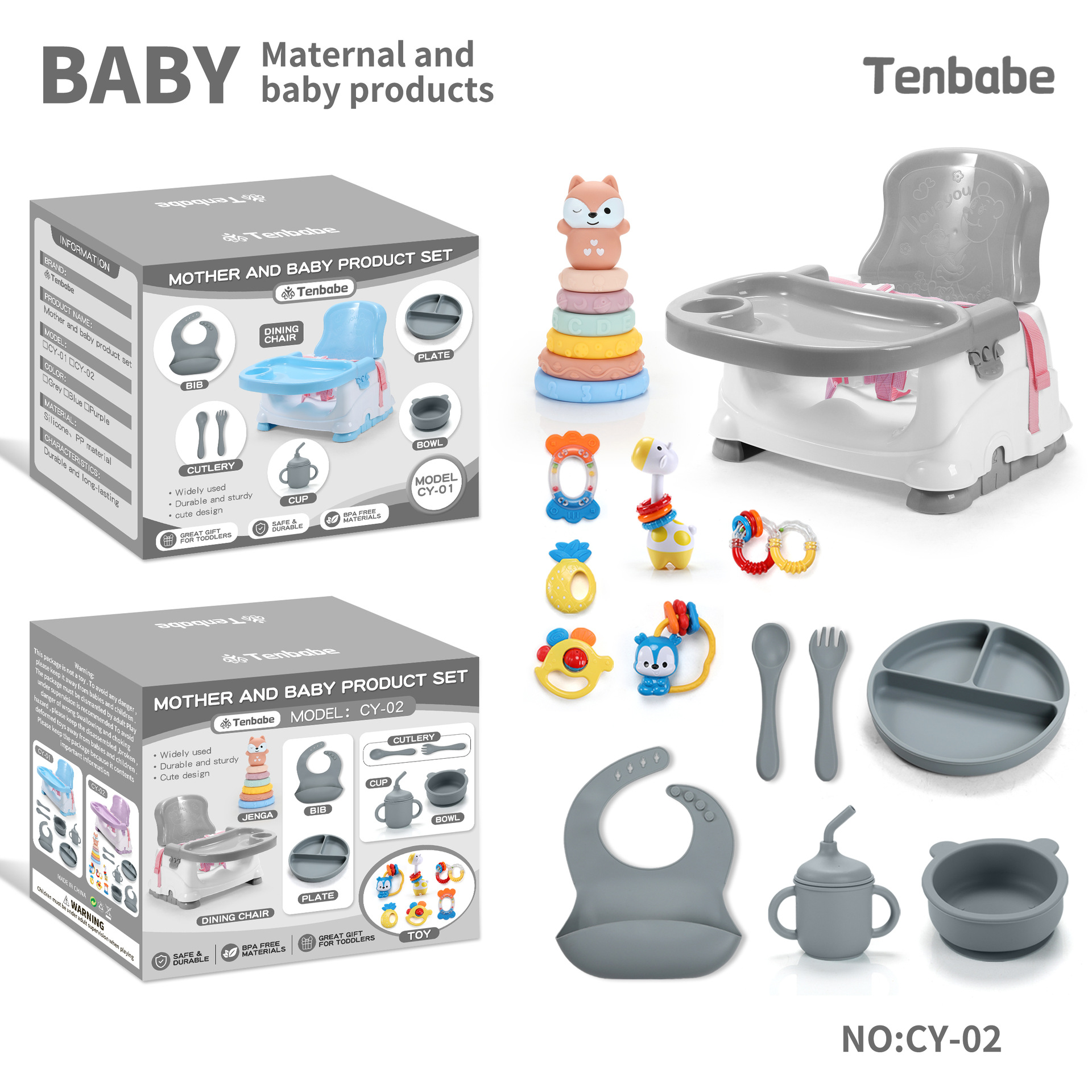 Tenbabe Cross-Border Color Box Kidsren's Tableware Dining Chair Set Foldableable Home Adjustable Baby Dining Chair