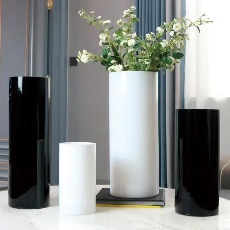 Casual Black and White Straight Round Mouth Glass Vase Floor-Standing Hydroponic Flower Arrangement Vase Hotel Model Room Decoration Ornaments