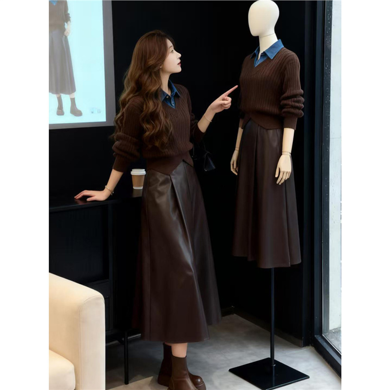 Shenzhen Nanyou 2025 New Autum Two-Piece Set Maillard Small Fragrance Fake Two-Piece Knitwear Leather Skirt Suit for Women Shenzhen Nanyou 2025 New Autum Two-Piece Set Maillard Small Fragrance Fake Two-Piece Knitwear Leather Skirt Suit for Women