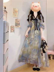 フレンチ森系優しい宮廷風蝶結びvネック水墨画ワンピース女子学生春新作ワンピース