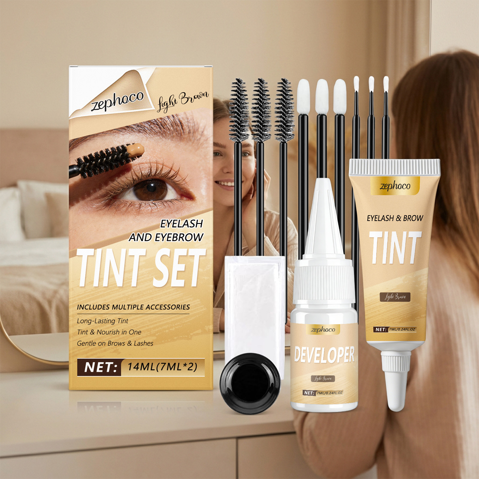 zephoco 眉睫着色套装（浅棕色）顺滑易上色自然轻盈立体日常修饰