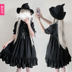 ゴシックスタイルダークロリータレトロガールプリンセスドレスメイド服ソフトガールリボン半袖魔女ドレス