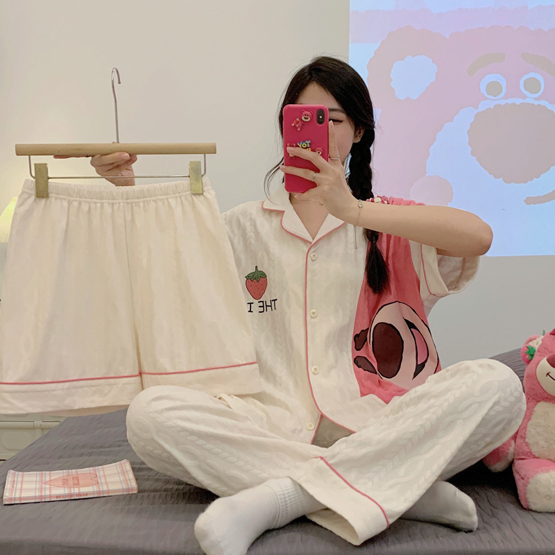 パジャマ女性夏綿質半袖三点セットかわいいアニメ薄手女子学生夏生放送ホームウェア卸売り|undefined